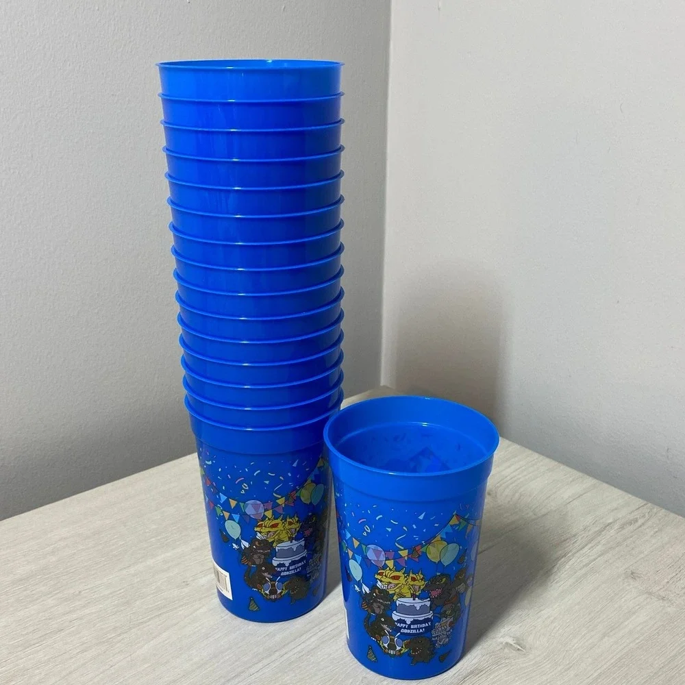 Godzilla Happy Birthday Blue Plastic Stadium Cups 16 Pack Kaiju Party Favors